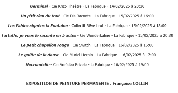 Programme du 8e Festival LES FABRICOLES les 14 15 et 16 02 25