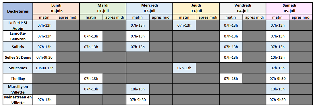 Horaires dchteries du 30 juin au 05 juillet